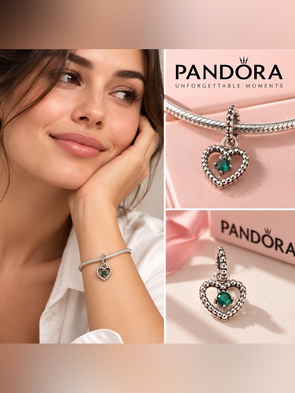 Pandora Heart Emerald Charm Pendant - Silver include all packages🌟